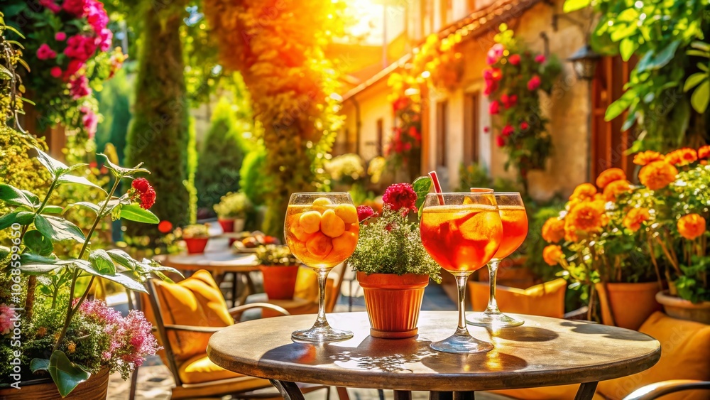 Panoramic View of Refreshing Aperol Spritz Drinks in a Cozy Cafe Setting with Vibrant Colors and Inviting Atmosphere for Summer Enjoyment Panoramic View of Refreshing Aperol Spritz Drinks in a Cozy Cafe Setting with Vibrant Colors and Inviting Atmosphere for Summer Enjoyment