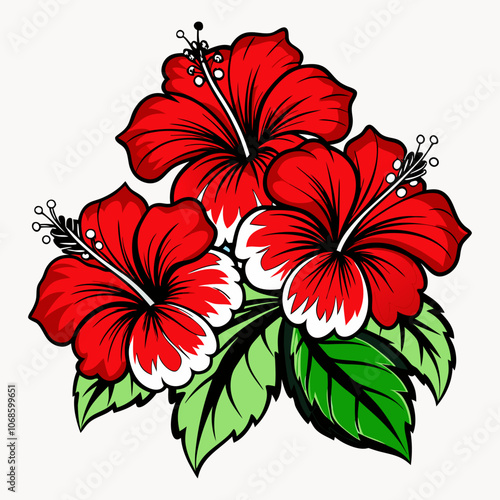 Vector illustration of a beautiful Hawaiian tropical flower set featuring colorful red hibiscus and green leaves, with realistic outlines and icons of pink, creamy, red, and yellow hibiscus flowers.