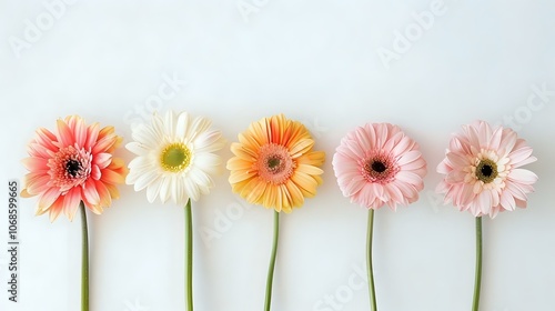 Five Colorful Gerbera Daisies on White Background