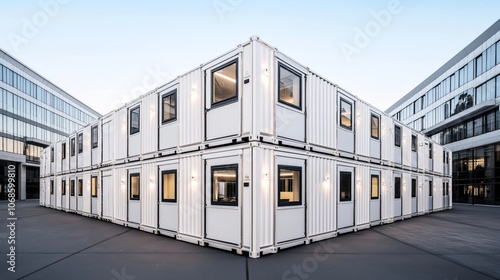 Modular building constructed with stacked white shipping containers featuring windows, situated in a modern urban environment with glass buildings surrounding it