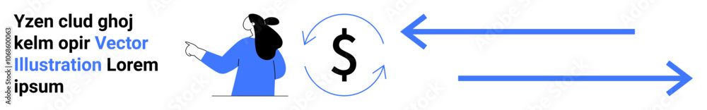 Businesswoman gesturing towards a rotating dollar sign with two arrows. Ideal for financial services, investment strategies, accounting software, business growth, economic forecasts, financial Businesswoman gesturing towards a rotating dollar sign with two arrows. Ideal for financial services, investment strategies, accounting software, business growth, economic forecasts, financial