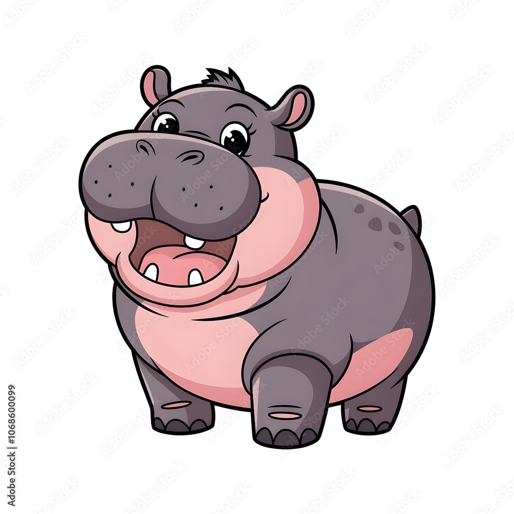 Adorable, chubby baby hippo smiling with a rounded body and wide