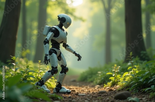 A robot stands in a peaceful forest, experiencing the beauty of nature, symbolizing harmony between technology and the natural world.