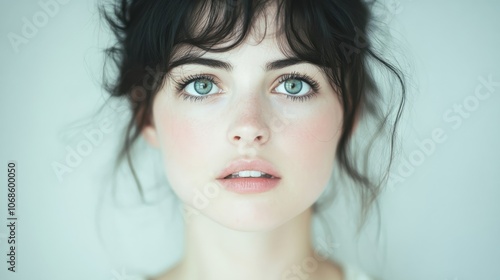 A young woman looks thoughtfully upward, with captivating blue eyes and subtle makeup