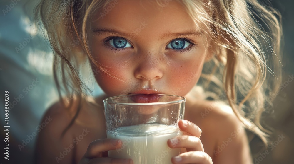 Little girl with striking blue eyes enjoying a glass of milk while sitting in soft natural light at home during the morning Little girl with striking blue eyes enjoying a glass of milk while sitting in soft natural light at home during the morning