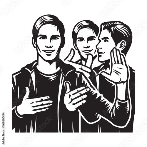 Young person making the sign for the number "3" in sign language. Black and white illustration of a young people signing the number three.