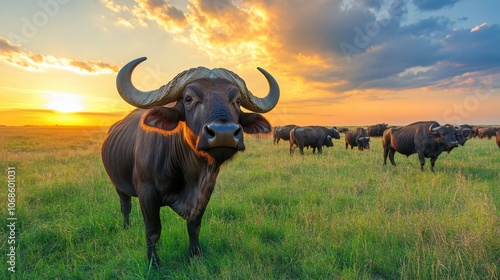 Buffaloes in a wide field on a livestock farm during sunset.