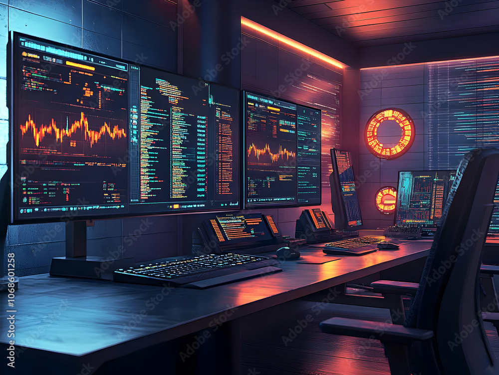 Illustration - Futuristic Trading Room, Technology, Monitors Illustration - Futuristic Trading Room, Technology, Monitors