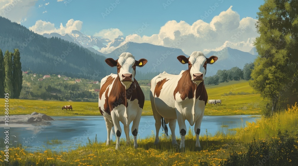 Obraz premium wo cows standing side by side on a livestock farm amidst a beautiful natural landscape.