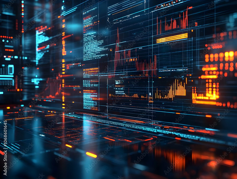 3D Illustration Data Analysis, Code, Charts, Server Room, Technology, Futuristic