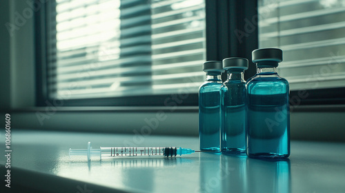 Vials and syringe on white table with background windows