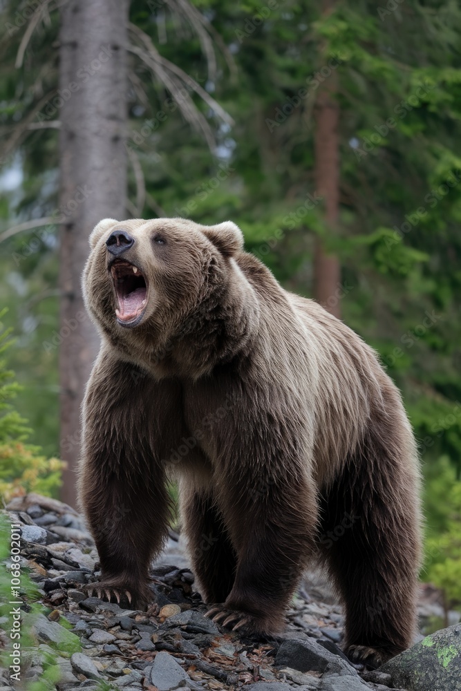 Fototapeta premium Brown bear roaring in the forest: displaying power and dominance