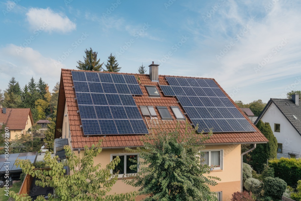 Photovoltaic solar panels producing clean energy on a residential house roof Photovoltaic solar panels producing clean energy on a residential house roof