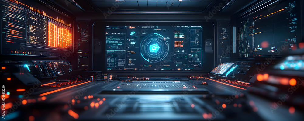 Obraz premium 3D Illustration Futuristic Control Room Data Analysis Monitoring