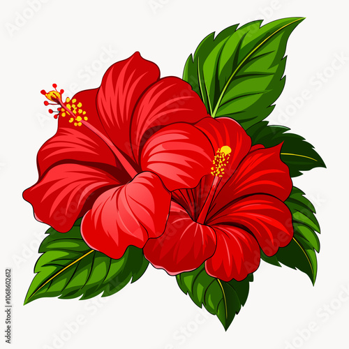 Vector illustration of a beautiful Hawaiian tropical flower set featuring colorful red hibiscus and green leaves, with realistic outlines and icons of pink, creamy, red, and yellow hibiscus flowers.