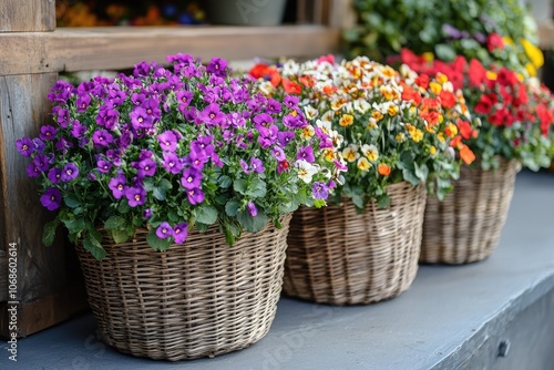 Blooming torenia in wicker baskets decorating a flower shop photo