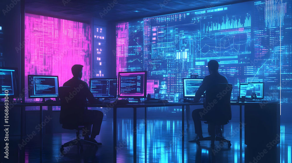 3D Illustration - Programmers Coding in Futuristic Tech Room 3D Illustration - Programmers Coding in Futuristic Tech Room