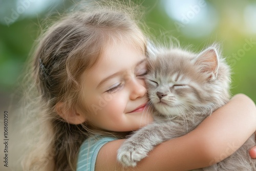 Little girl hugging kitten with closed eyes in summer park