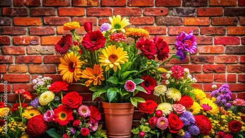 Red Brick Wall Background with Vibrant Flower Decorations – Perfect for Photography, Interior Design, and Creative Projects