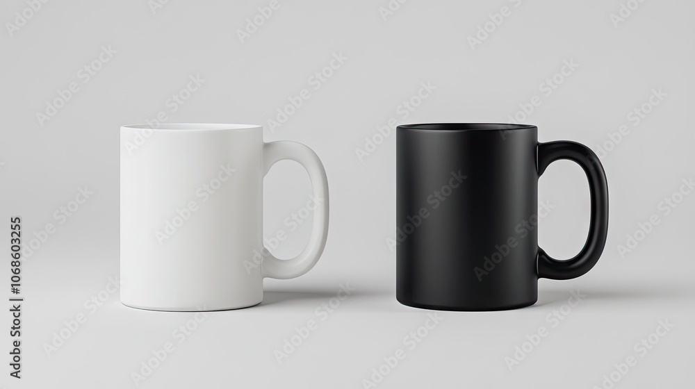 This image features a minimalist design with a white mug and a black mug placed on a grey background, showcasing contrast and modern simplicity. This image features a minimalist design with a white mug and a black mug placed on a grey background, showcasing contrast and modern simplicity.