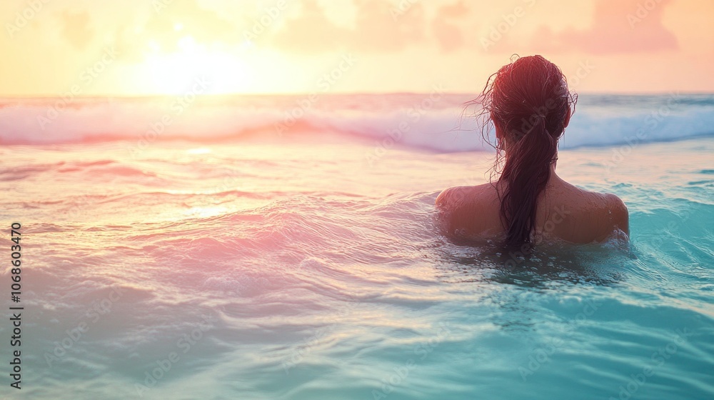 Woman Swimming in the Ocean at Sunset Woman Swimming in the Ocean at Sunset