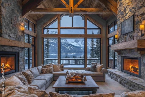 Cozy living room overlooking snowy mountain lake with fireplaces burning photo