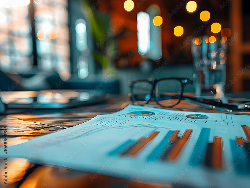 Photo Blurred Business Charts Glasses Cafe Restaurant Analysis Photo Blurred Business Charts Glasses Cafe Restaurant Analysis