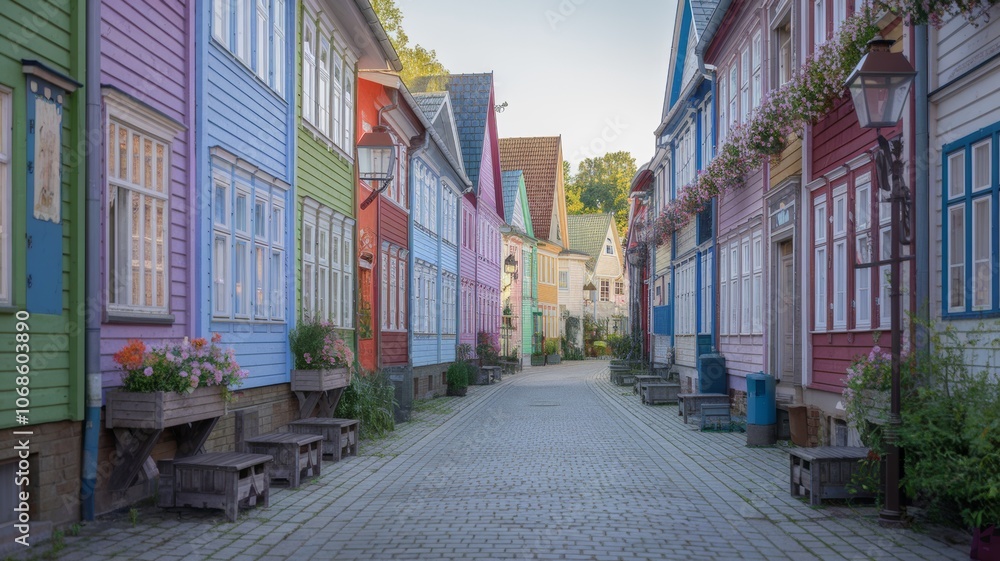 Cobbled streets with colorful wooden houses, rustic style, Central European flavor. Cobbled streets with colorful wooden houses, rustic style, Central European flavor.