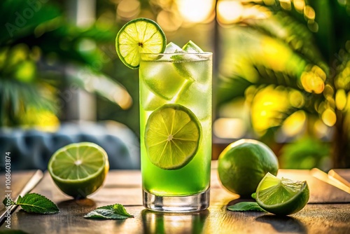 Refreshing Lime Rickey Drink with Ice and Lime Slice - Vibrant Summer Beverage, Citrus Refreshment, Refreshing Mocktail for Hot Days, Cool Drink, Lime Garnish, Summer Vibes, and Thirst Quencher photo