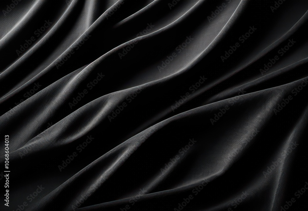 Obraz premium dramatic lighting textured black fabric creating visual contrast depth, silk, textile, cloth, surface, pattern, shiny, matte, drapery, design, ambiance, wave
