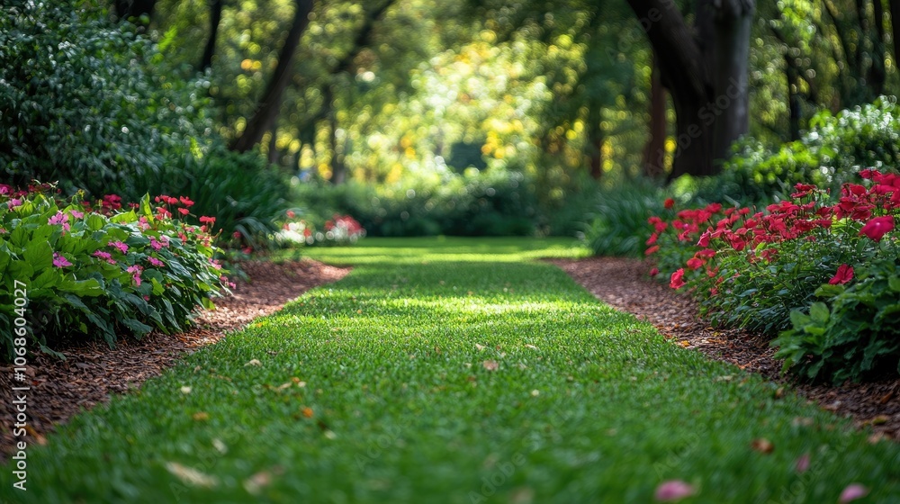 Lush green grass pathway winding through vibrant garden flowerbeds in scenic park Lush green grass pathway winding through vibrant garden flowerbeds in scenic park