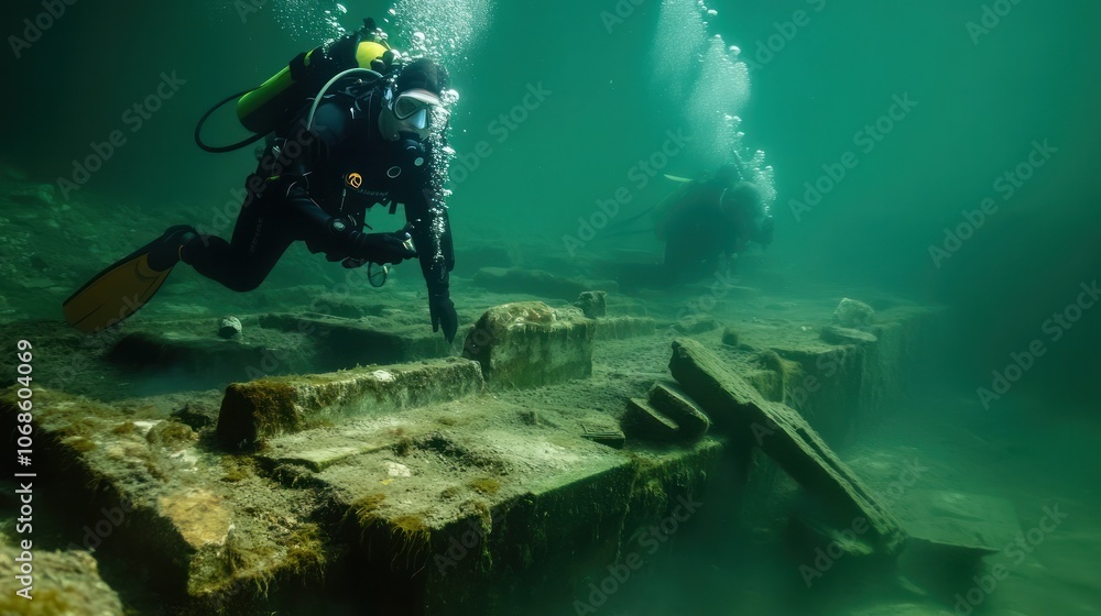 Divers engaged in underwater archaeology, recovering historical artifacts from a submerged ancient city Divers engaged in underwater archaeology, recovering historical artifacts from a submerged ancient city
