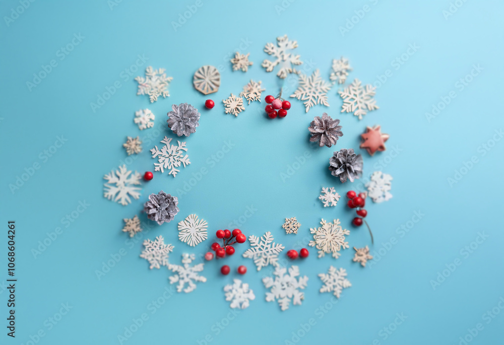 A wreath of white snowflakes, pine cones, and red berries arranged on a blue background with a circular empty space in the middle. A wreath of white snowflakes, pine cones, and red berries arranged on a blue background with a circular empty space in the middle.