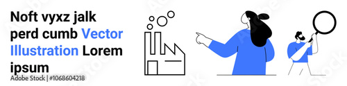 Factory symbol with rising bubbles, person pointing towards it, and another person examining with a magnifying glass. Ideal for technology, industry, analysis, teamwork, research, productivity