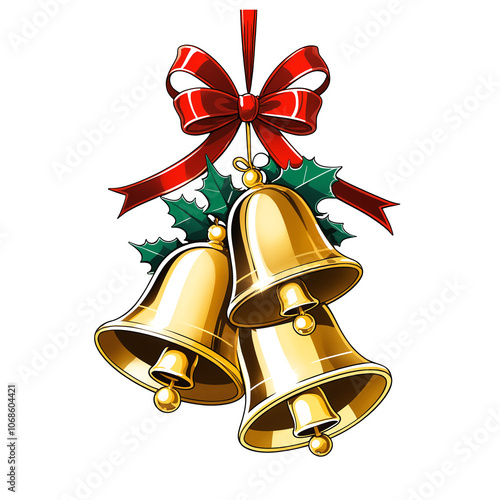 Three Christmas golden bells with red ribbon and holly on a transparent background