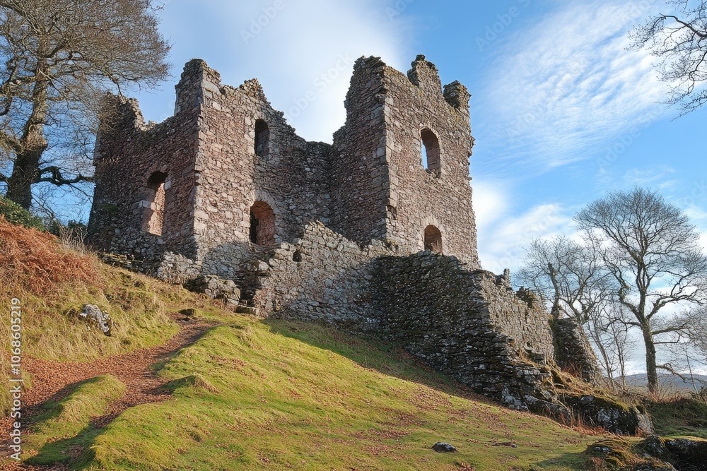 Old inverlochy castle ruins rising on a green hill in scotland Old inverlochy castle ruins rising on a green hill in scotland