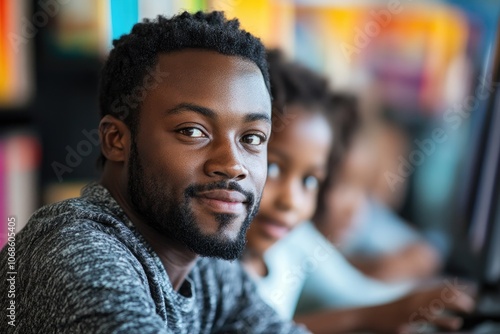 Young man using computer in library with blurred child in background