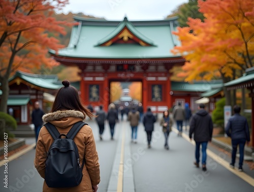 Woman Tourist sightseeing Yohashira Shrine in Autumn season, near Nawate Street or Frog shopping Street in Matsumoto city, Nagano prefecture, Japan. photo