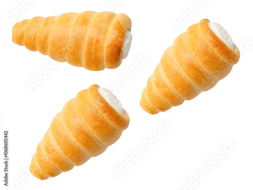 Top view set of puff pastry cream horns isolated on white background with clipping path