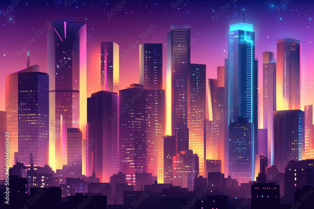 Futuristic retro cityscape shining under crescent moons and starry sky Futuristic retro cityscape shining under crescent moons and starry sky