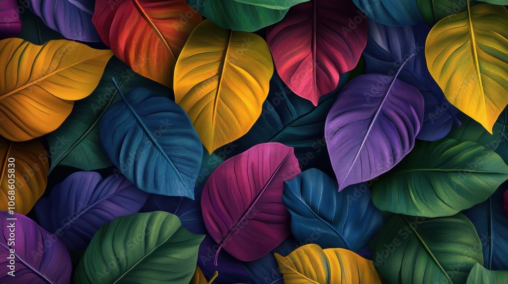 A vibrant arrangement of colorful leaves in shades of green, yellow, red, and purple, creating a lively backdrop. A vibrant arrangement of colorful leaves in shades of green, yellow, red, and purple, creating a lively backdrop.