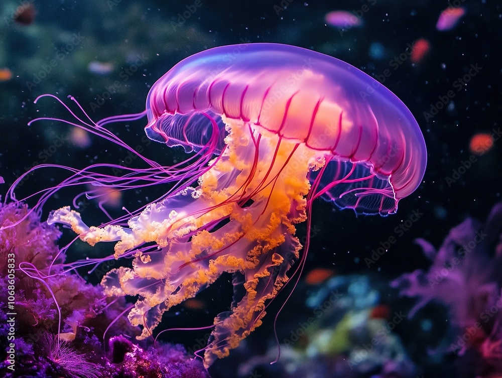 Colorful neon jellyfish with fish in deep sea fantasy art. Colorful neon jellyfish with fish in deep sea fantasy art.