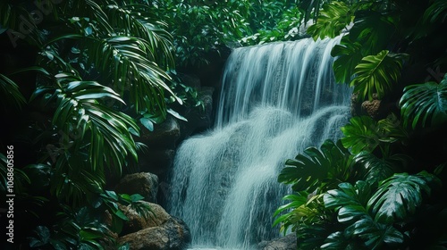 Misty Waterfall Cascading Through Lush Green Foliage: Serene and Rejuvenating Digital Background for Eco-Tourism, Wellness Retreats, and Natural Remedies Marketing. High-Resolution.