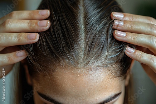 Young woman is applying hair oil and massaging her scalp to stimulate hair growth, promoting healthy hair care practices photo