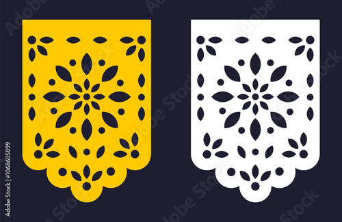 Yellow papel picado template. Sample of papel picado for Mexican festival isolated on dark background.