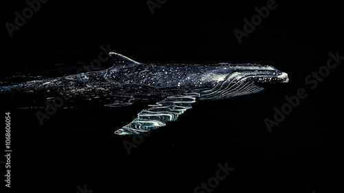 Blue whale swimming through dark ocean in watercolor style.