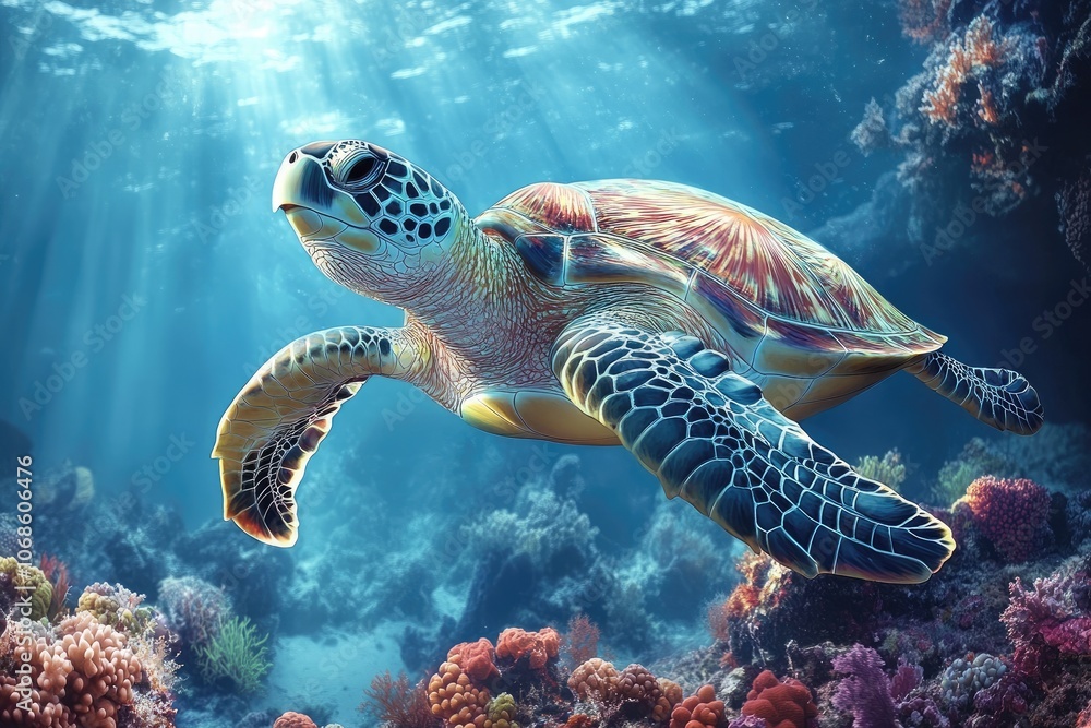 Fototapeta premium Sea turtle swimming peacefully over a vibrant coral reef in the ocean