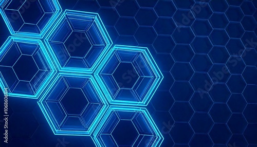 Blue neon geometric background with cubic honeycomb pattern