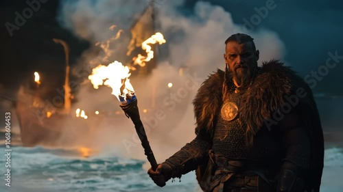 An Epic Viking Warrior Holding a Torch Stands Strong Near a Ship Under the Night Sky, Creating a Dramatic Scene