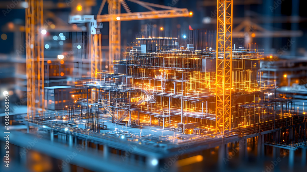 3D Illustration- Futuristic Building Construction Site at Night 3D Illustration- Futuristic Building Construction Site at Night